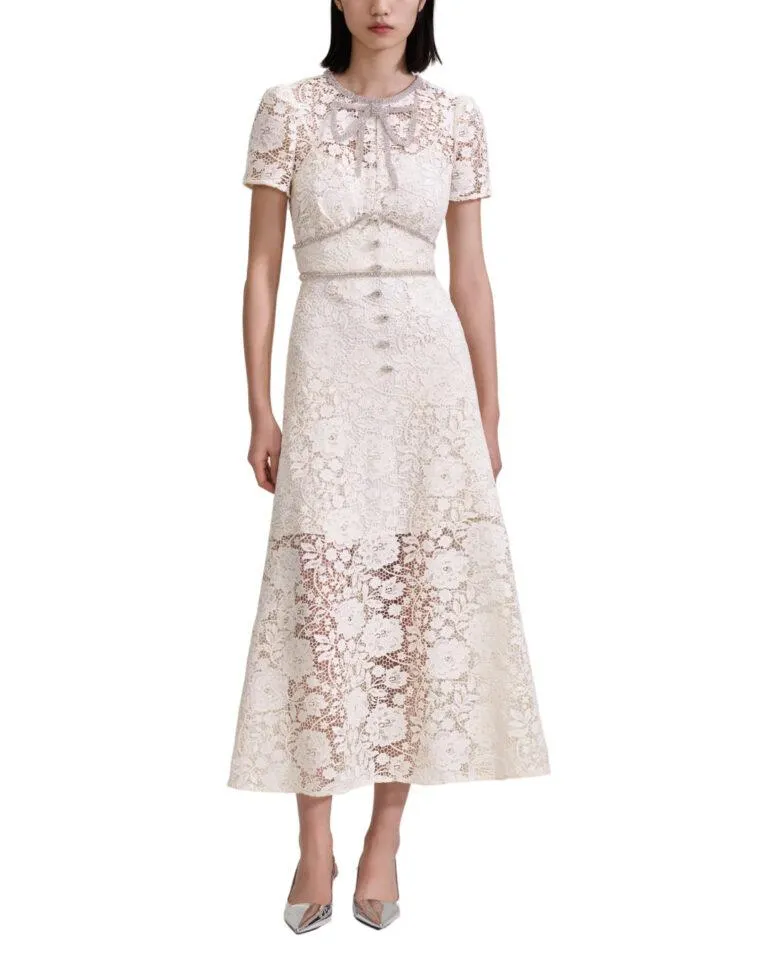 Cord Lace Bow Midi Dress – Krem