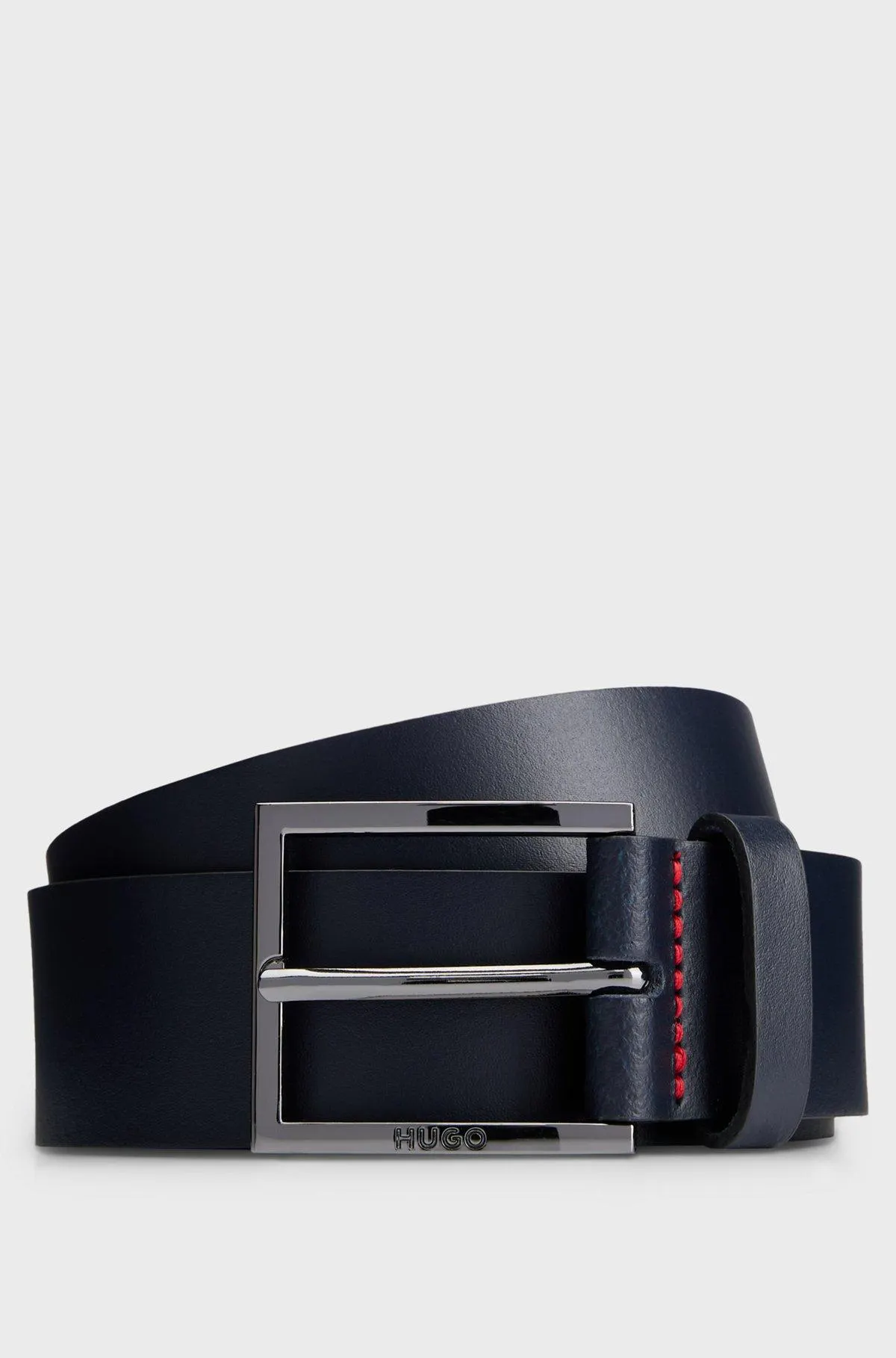 Leather belt with red stitching and branded buckle