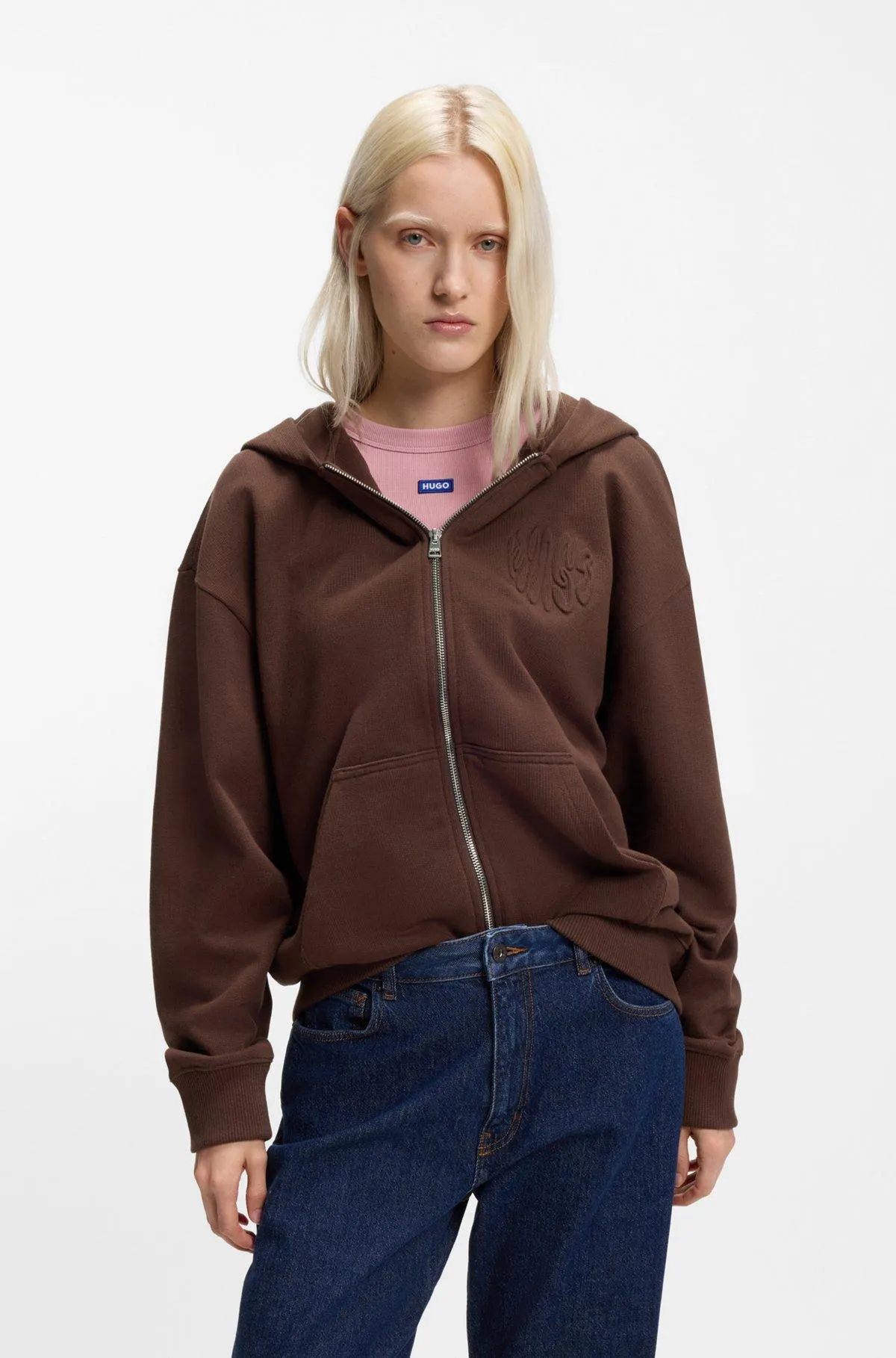Cotton-terry zip-up hoodie with embossed logos