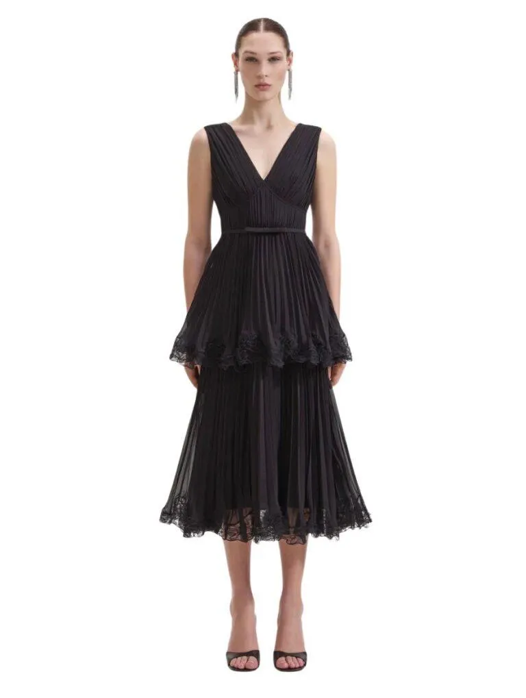 Black Chiffon Tiered Midi Dress – Sort