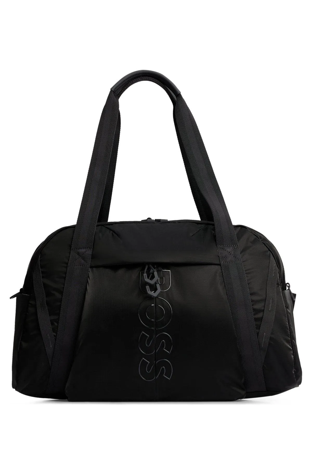 Coated-velour holdall with outline logo and adjustable strap