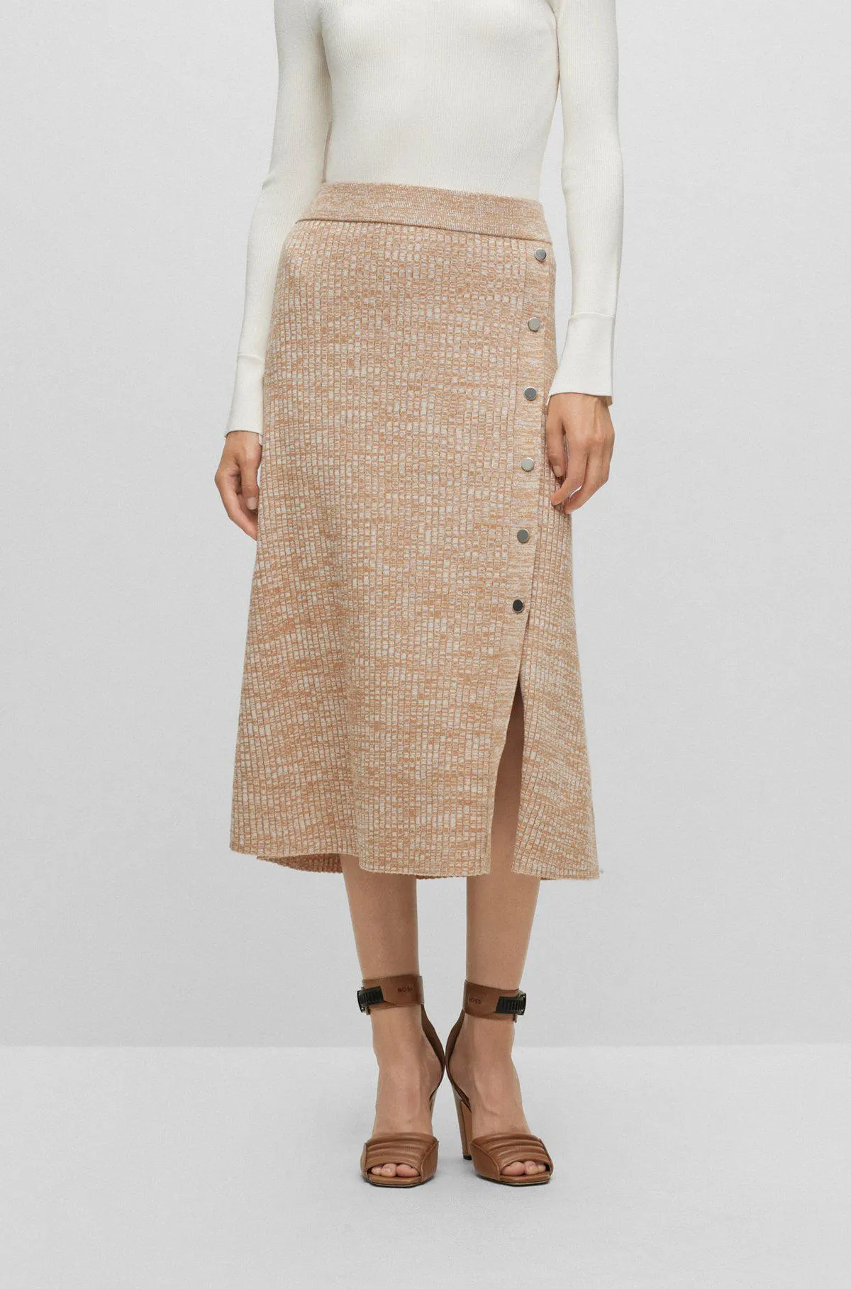 Melange skirt with monogrammed-button trim