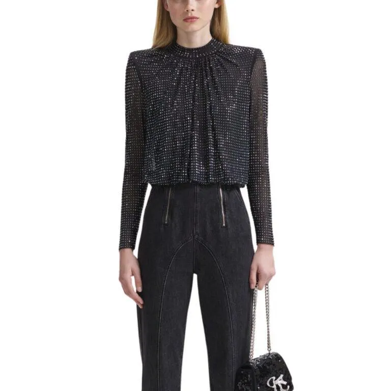 Rhinestone Mesh Top – Sort