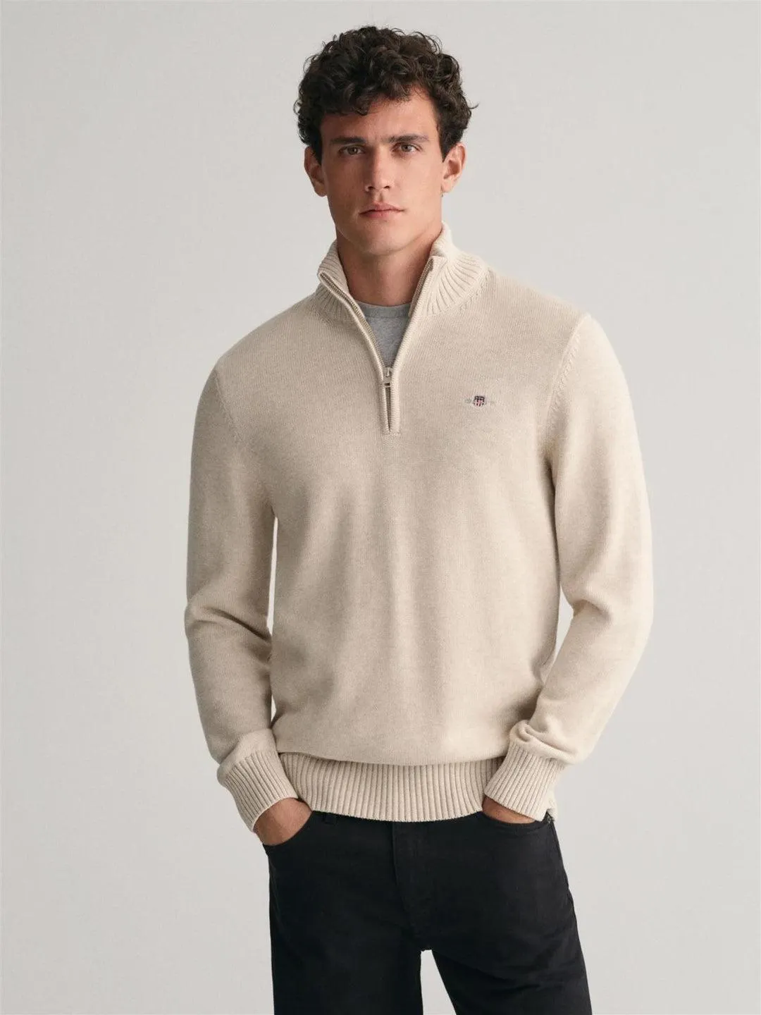 CASUAL COTTON HALF-ZIP SWEATER Beige