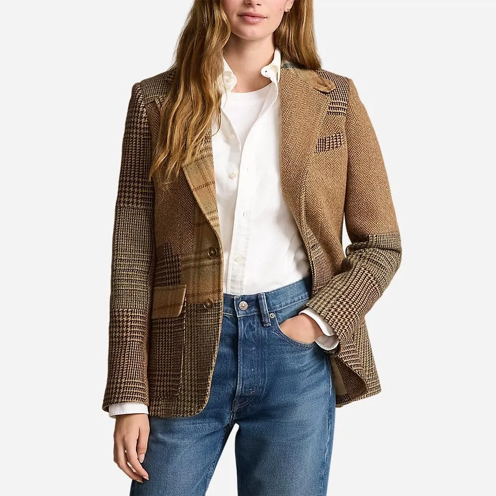 Patchwork Herringbone Tweed Blazer - Olive/Brown Multi