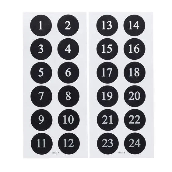 Svarte sirkler med sølvfargede tall, diameter ca. 22 mm – 48-pakning