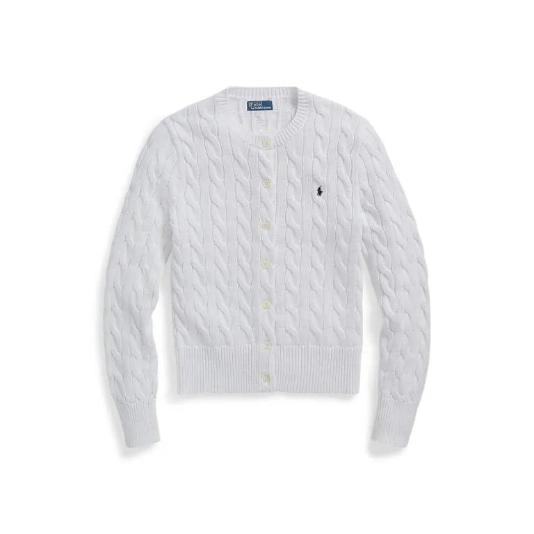 Cable-Knit Cotton Crewneck Cardigan – Hvit