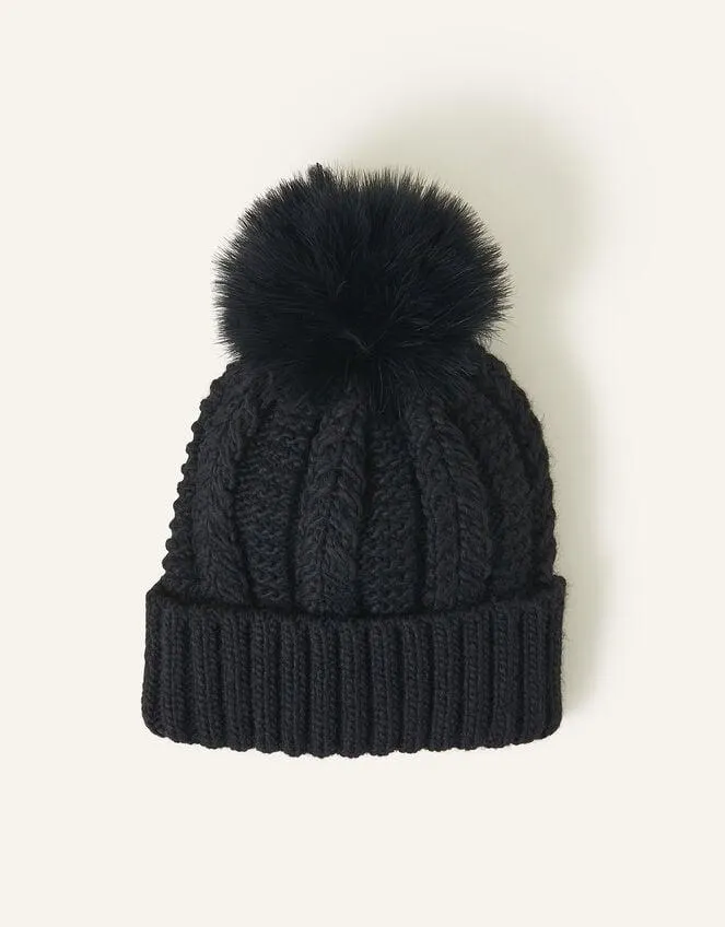 Faux Fur Pom-Pom Beanie Hat Black