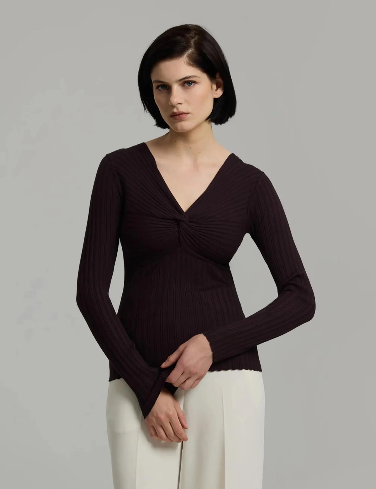 Polly Rib-Knit Blouse Mocha