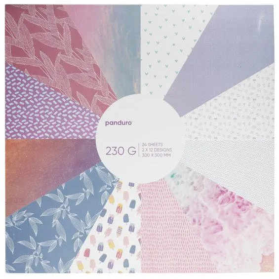 Blokk med designark 30×30 cm i lyse farger og mønstre, 24 ark, 230 g/m²