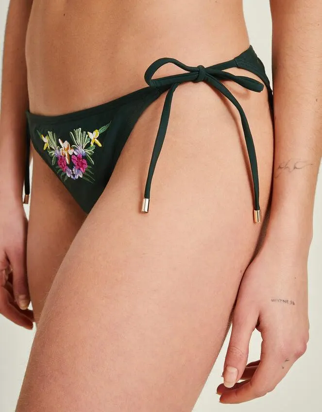 Embroidered Flower Tie Bikini Bottoms Green