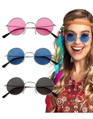 3 stk Runde Hippie Kostymebriller - Blå, Svart og Rosa