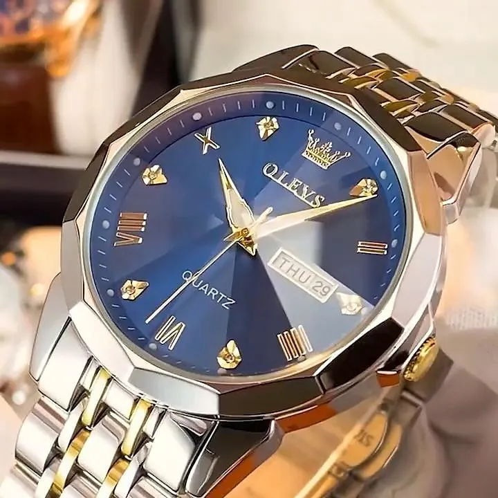 Olevs 9931 cuarzo doble calendario lujo diamante dial hombres relojes de pulsera negocios correa de acero inoxidable reloj impermeable