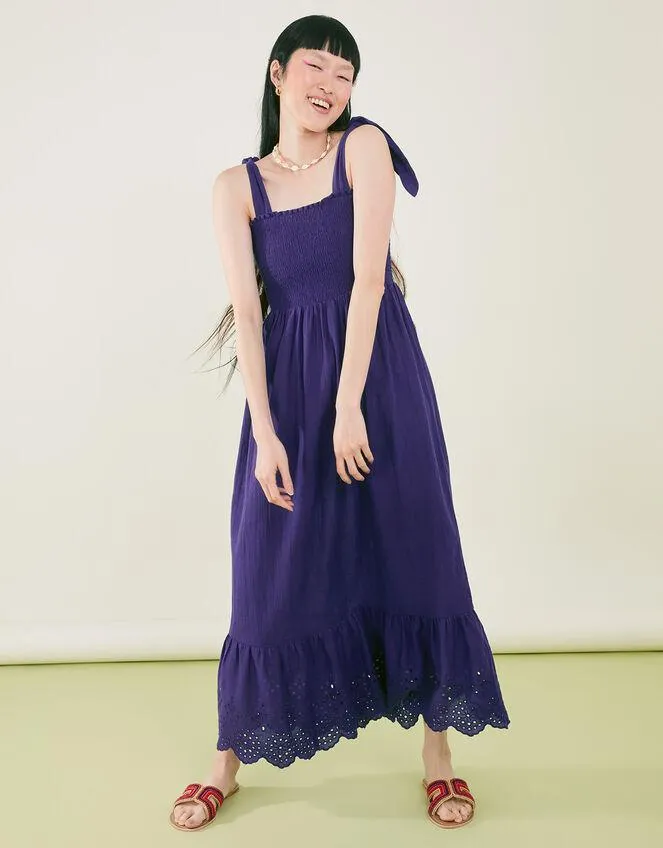 Tie Shoulder Broderie Hem Dress Blue
