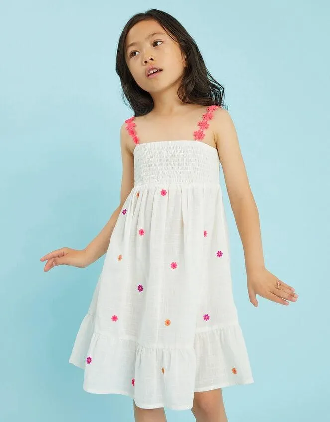 Girls Floral Embroidered Smocked Dress White