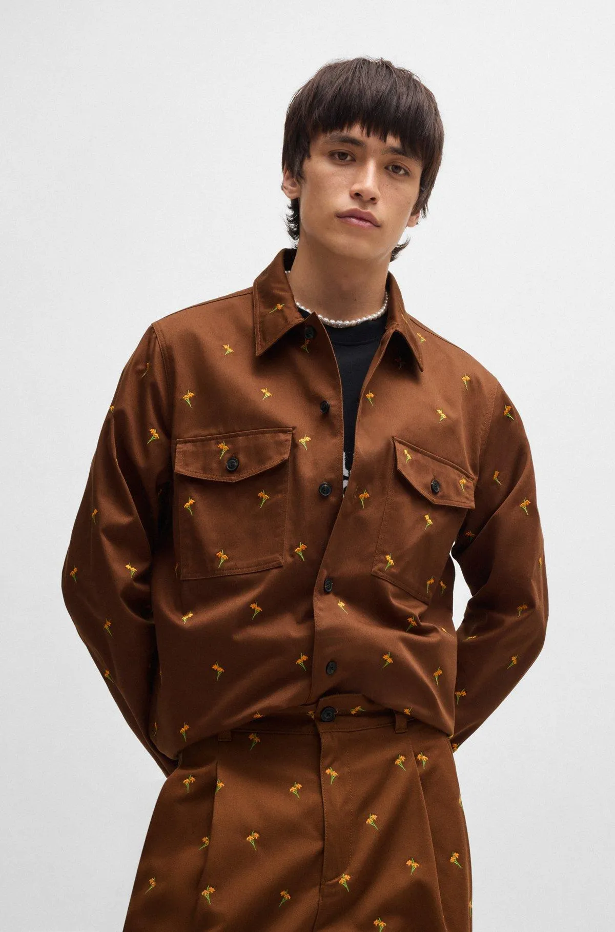 Oversized-fit shirt in floral-embroidered twill
