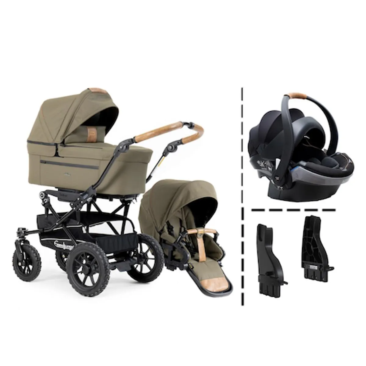 Emmaljunga 2024 | Alu S Air Flat | Outdoor Olive + iZi Go Modular Bilstol og Adapter