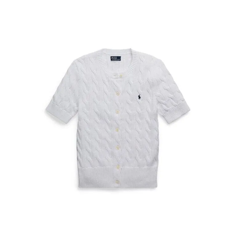Cable-Knit Short-Sleeve Cardigan – Hvit