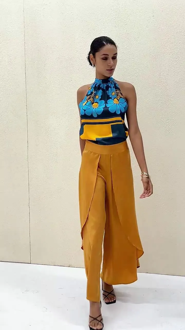 Women's Pants Casual Swing Ruffle Satin Yellow High Pants For VacationWeekend Size S M L