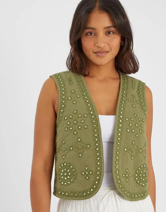 Mirror Embellished Quilted Waistcoat Green