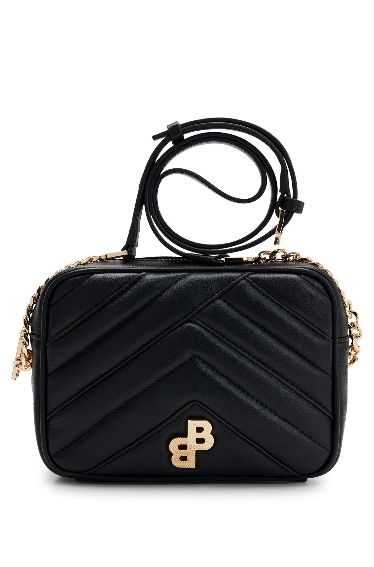 Quilted crossbody bag with metallic monogram detail