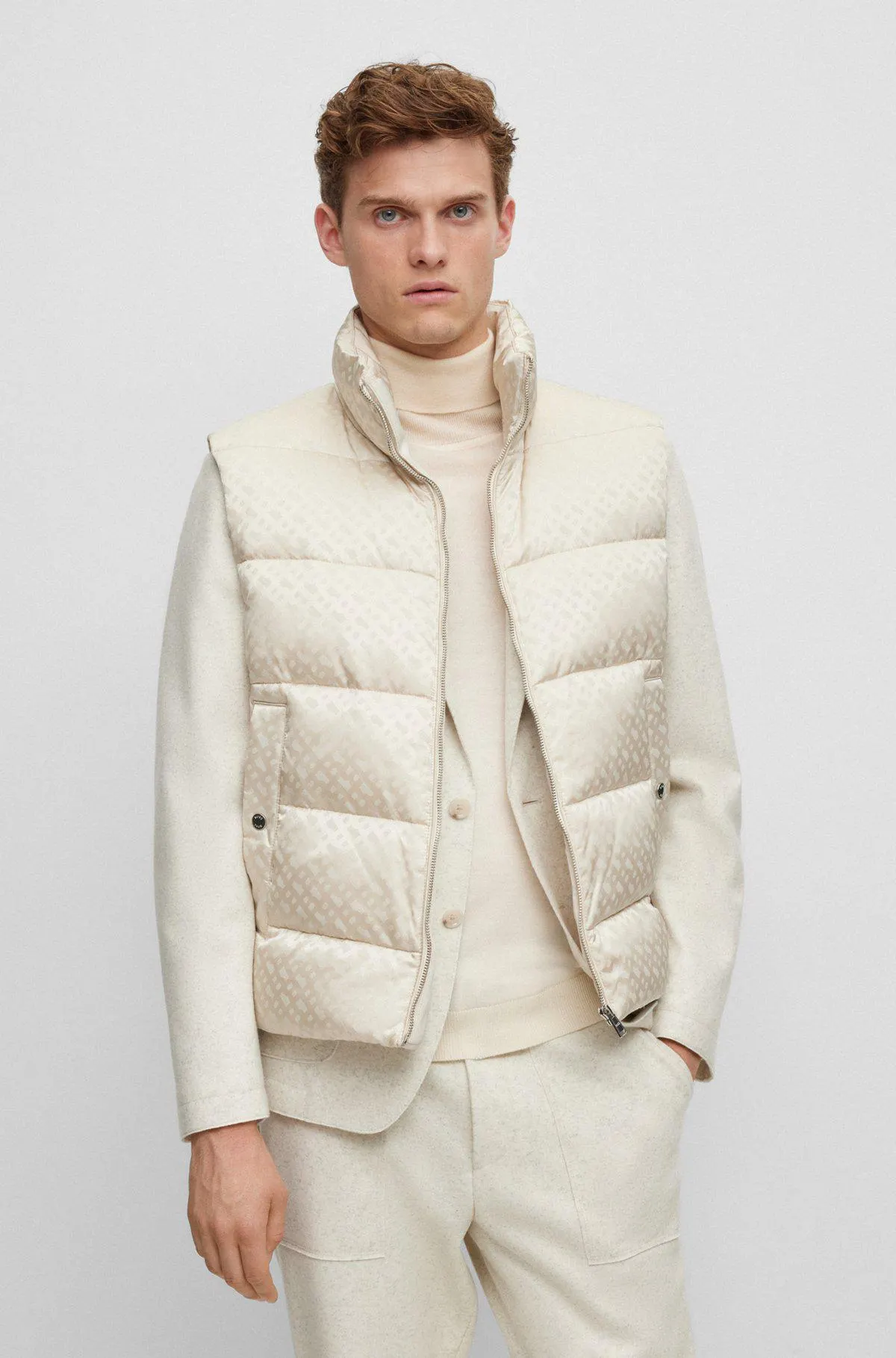 Water-repellent zip-up gilet with monogram pattern