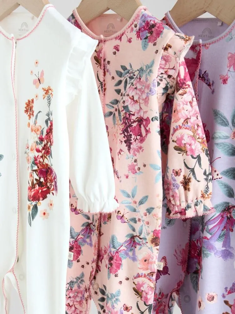 Ecru Floral Baby Sleepsuits 3 Pack (0mths-2yrs)