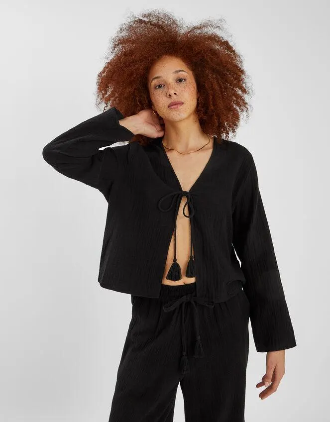 Tie Front Crinkle Top Black