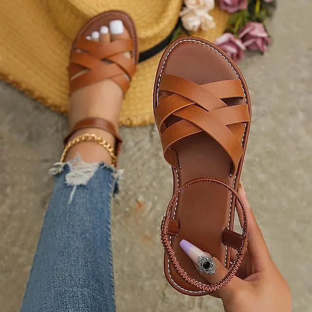Women's Sandals Comfort Shoes Gladiator Sandals Roman Sandals Plus Size Daily Beach Flat Heel Open Toe Fashion Casual Leather Loafer Solid Color Dark Brown Black Beige