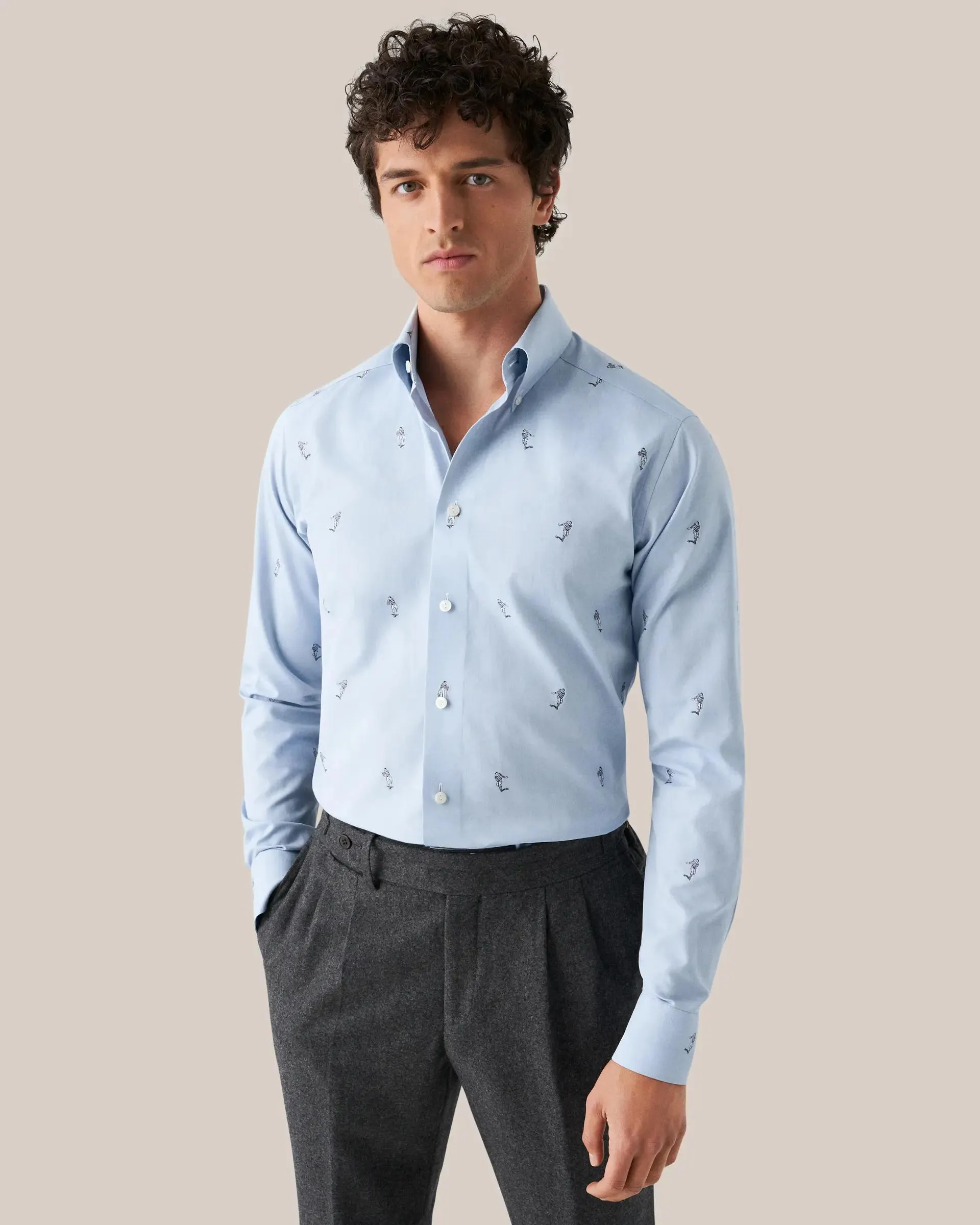 Light Blue Rugby Player Print Fil Coupé Shirt