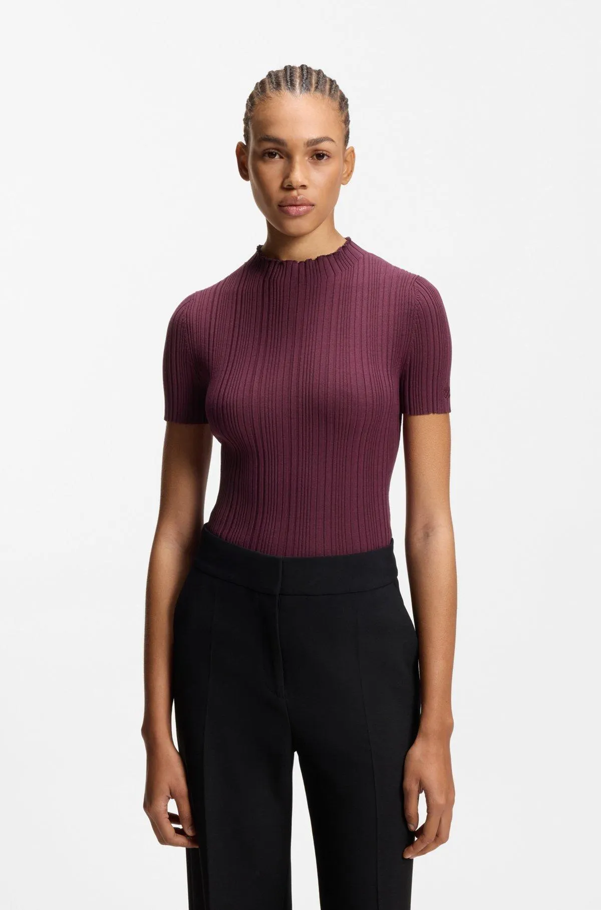 Irregular-rib sweater with mock neck