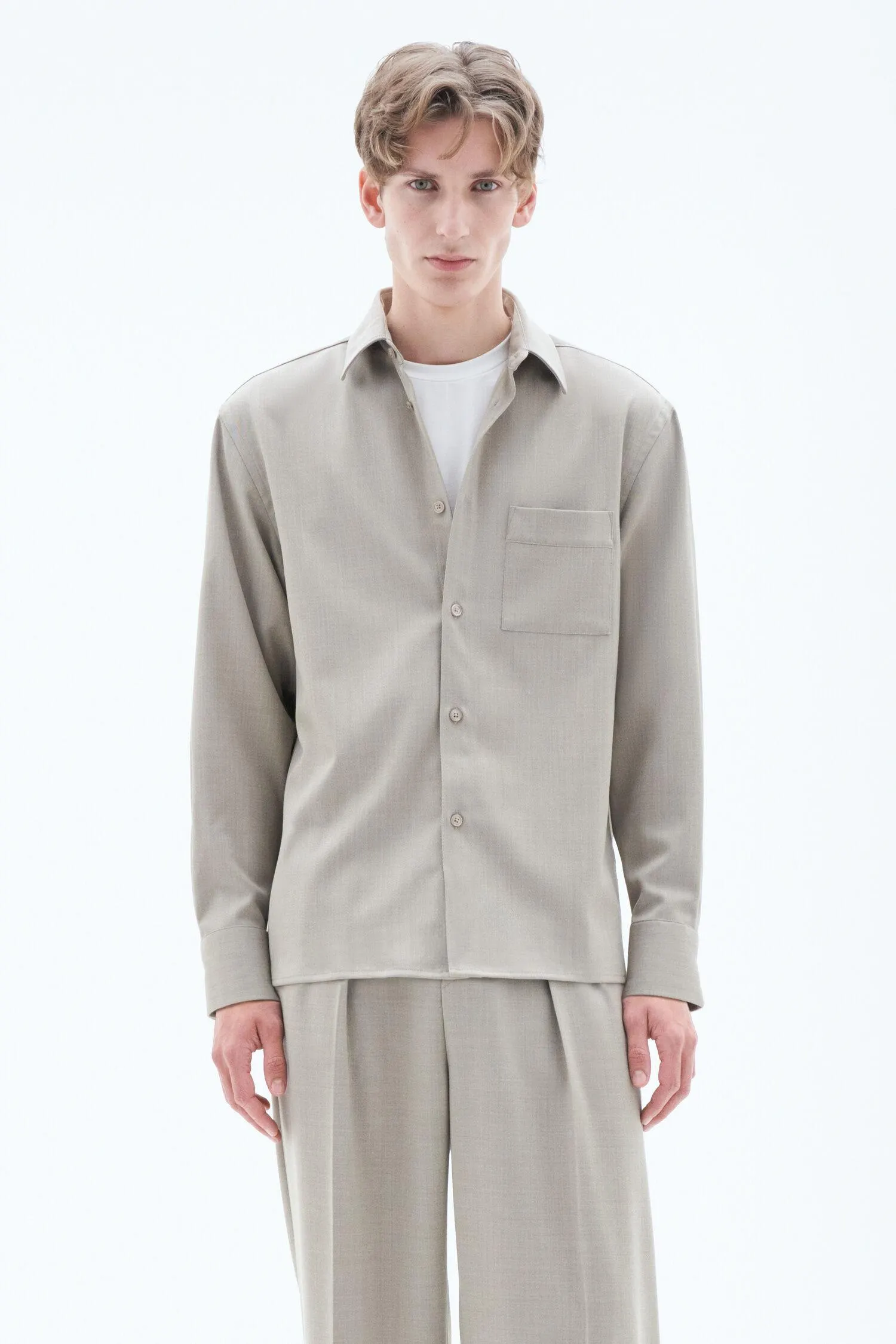 Boxy Wool Twill Shirt Sage Melange