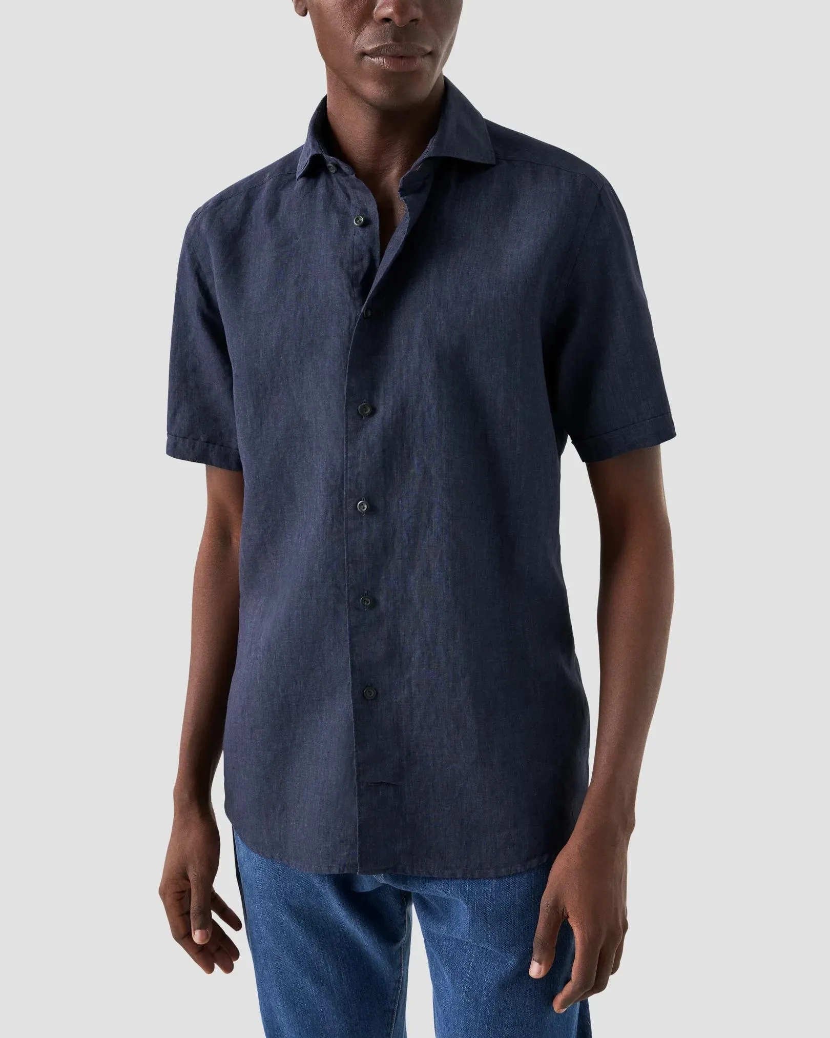 Navy Linen Shirt - Short Sleeve
