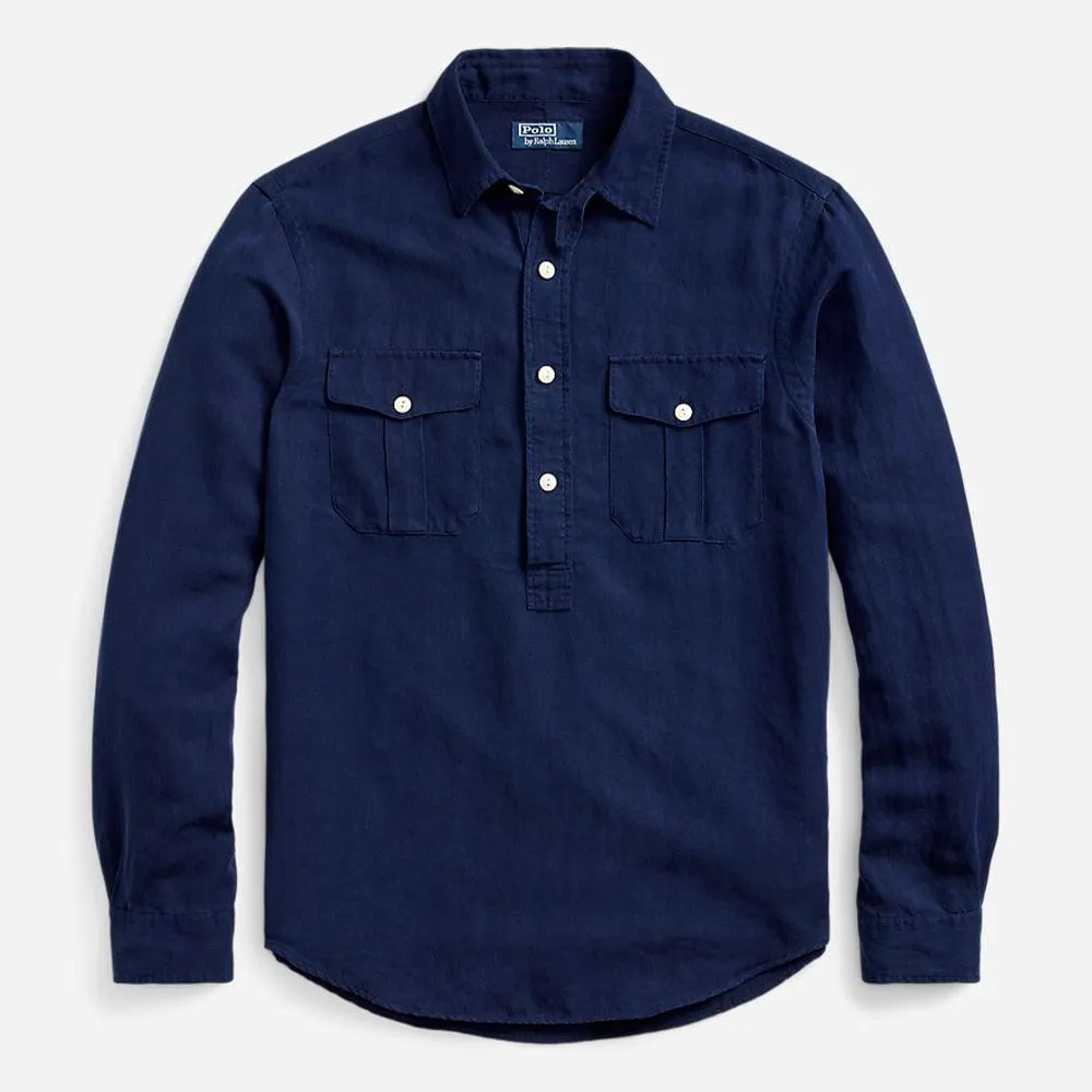 Classic Fit Linen-Silk Popover Shirt - Newport Navy