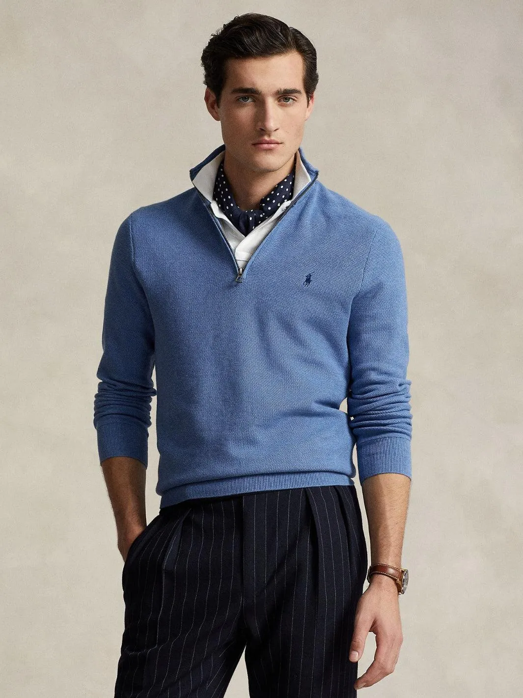 MESH-KNIT COTTON QUARTER-ZIP SWEATER Blå