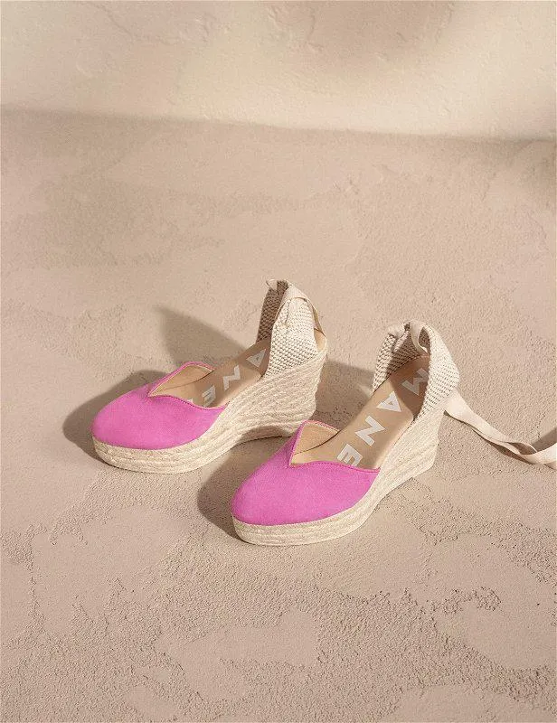 Soft Suede Heart-Shaped Wedge Espadrilles Hamptons Bold Pink