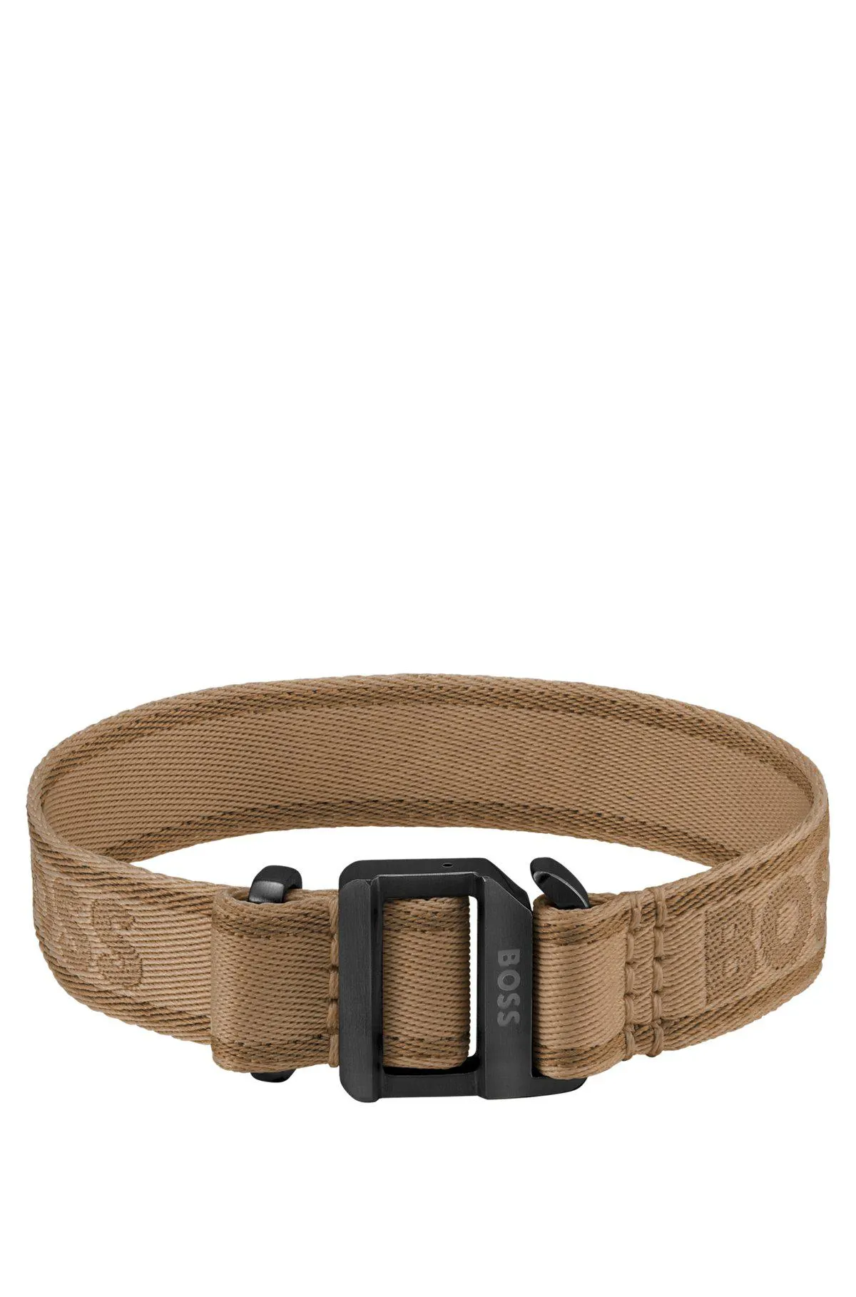 Camel-coloured woven logo-strap cuff with adjustable buckle