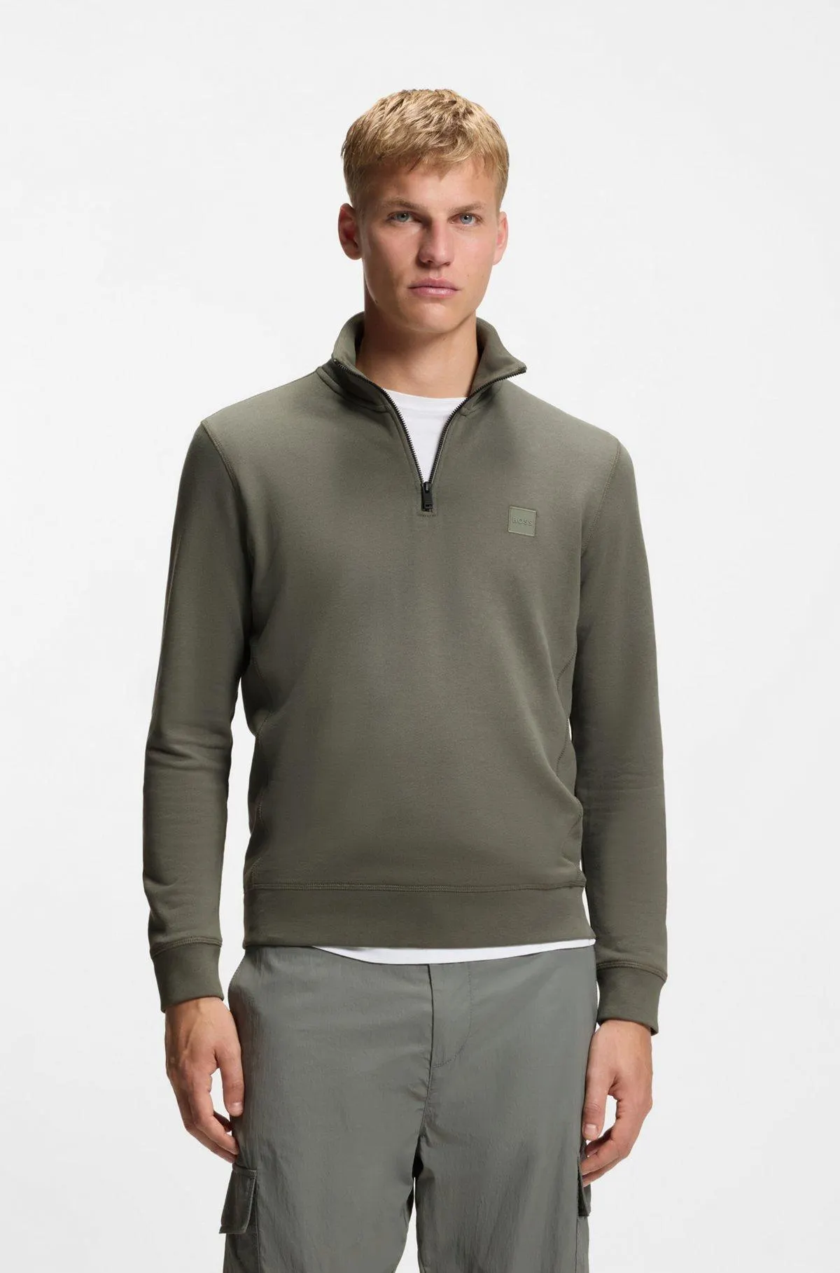 Quarter-zip cotton-terry sweatshirt with logo patch