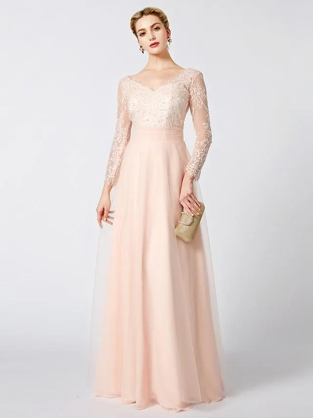 Ball Gown Pastel Colors Dress Holiday Cocktail Party Floor Length Long Sleeve V Neck Tulle Low Back with Beading Appliques 2023