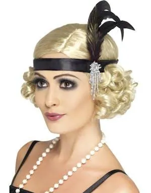 Svart Hodebånd i Flapperstil med Perler og Fjær