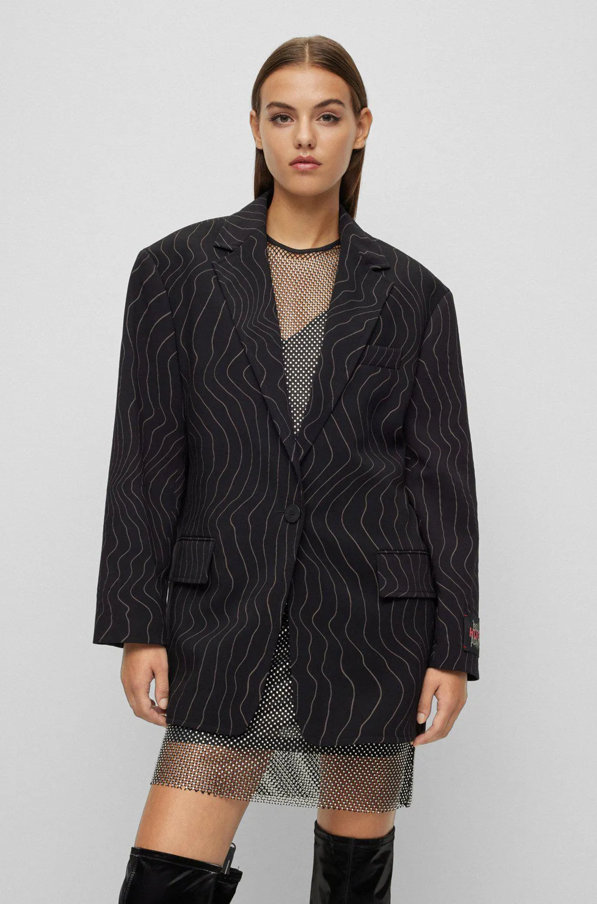 HUGO x Bella Poarch oversized-fit pinstripe jacket