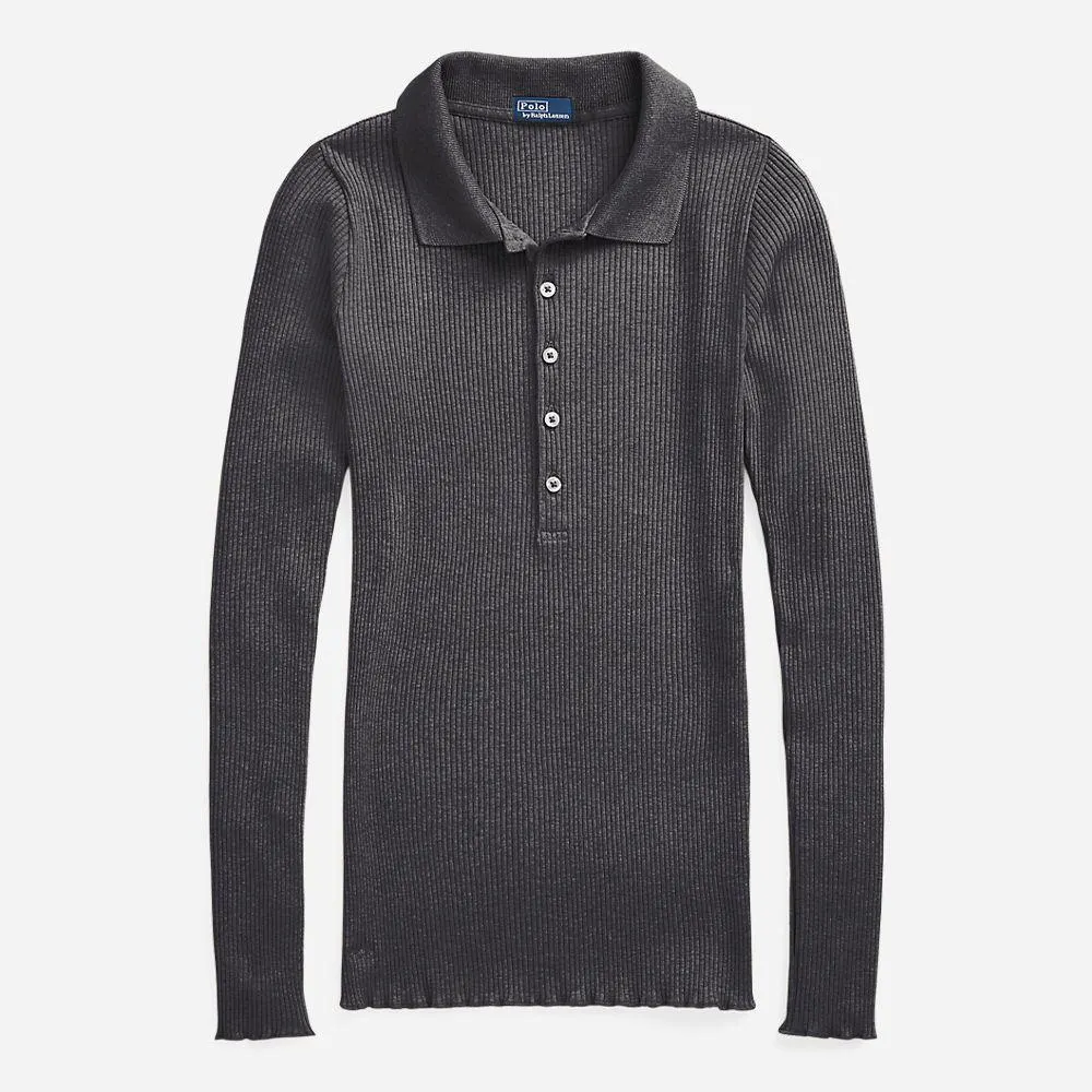 Rib Knit Long Sleeve Polo Shirt - Stadium Heather Grey