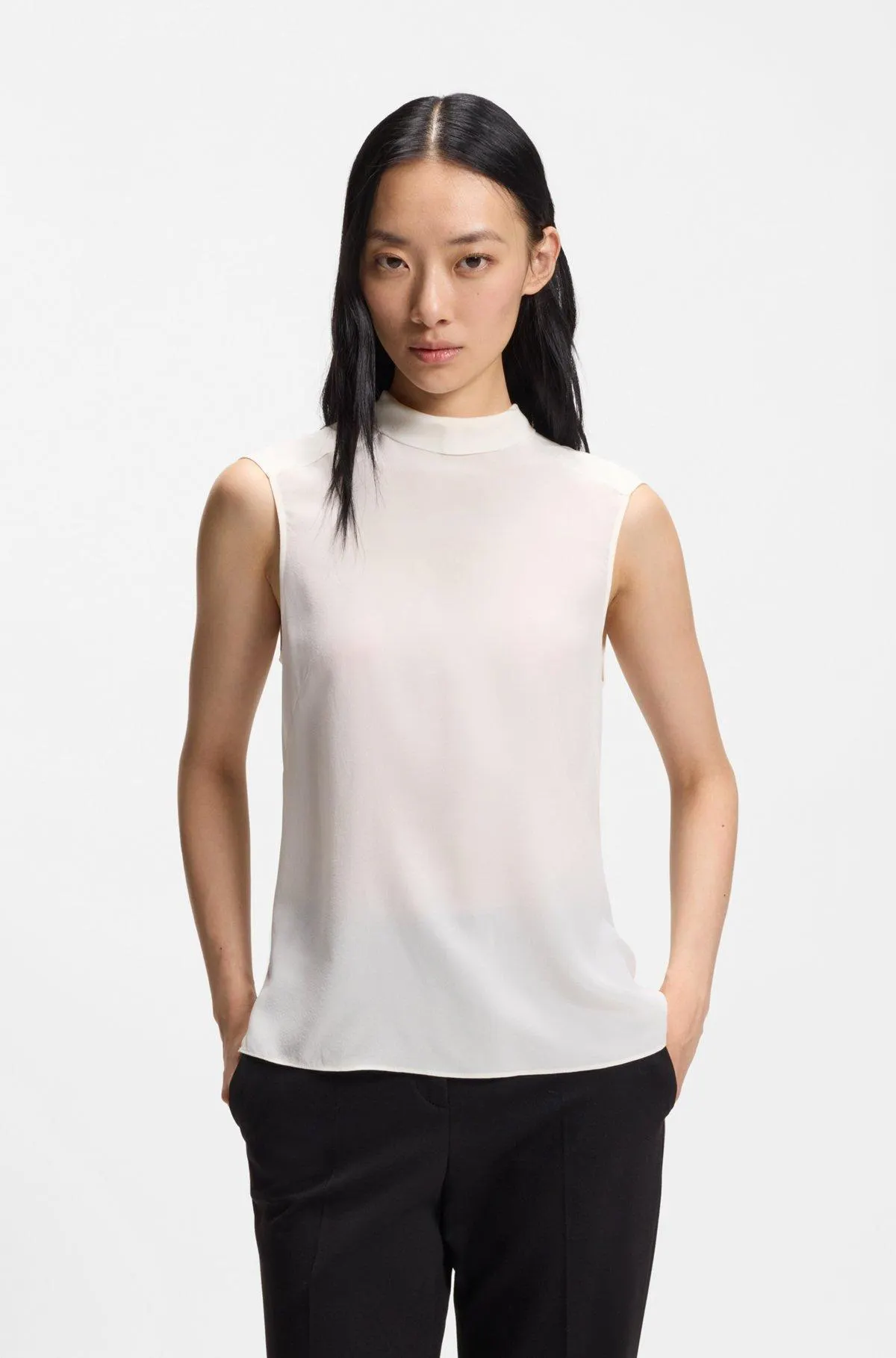 Regular-fit blouse in sandwashed silk with tie neck