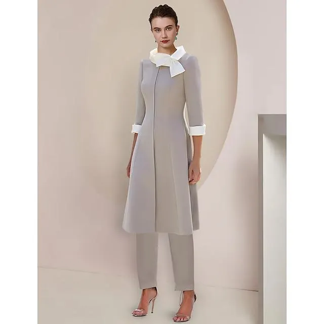 Two Piece Jumpsuits Mother of the Bride Dress Formal Wedding Guest Party Elegant High Neck Ankle Length Satin 3/4 Length Sleeve with Bow(s) Sequin Ruffles 2023