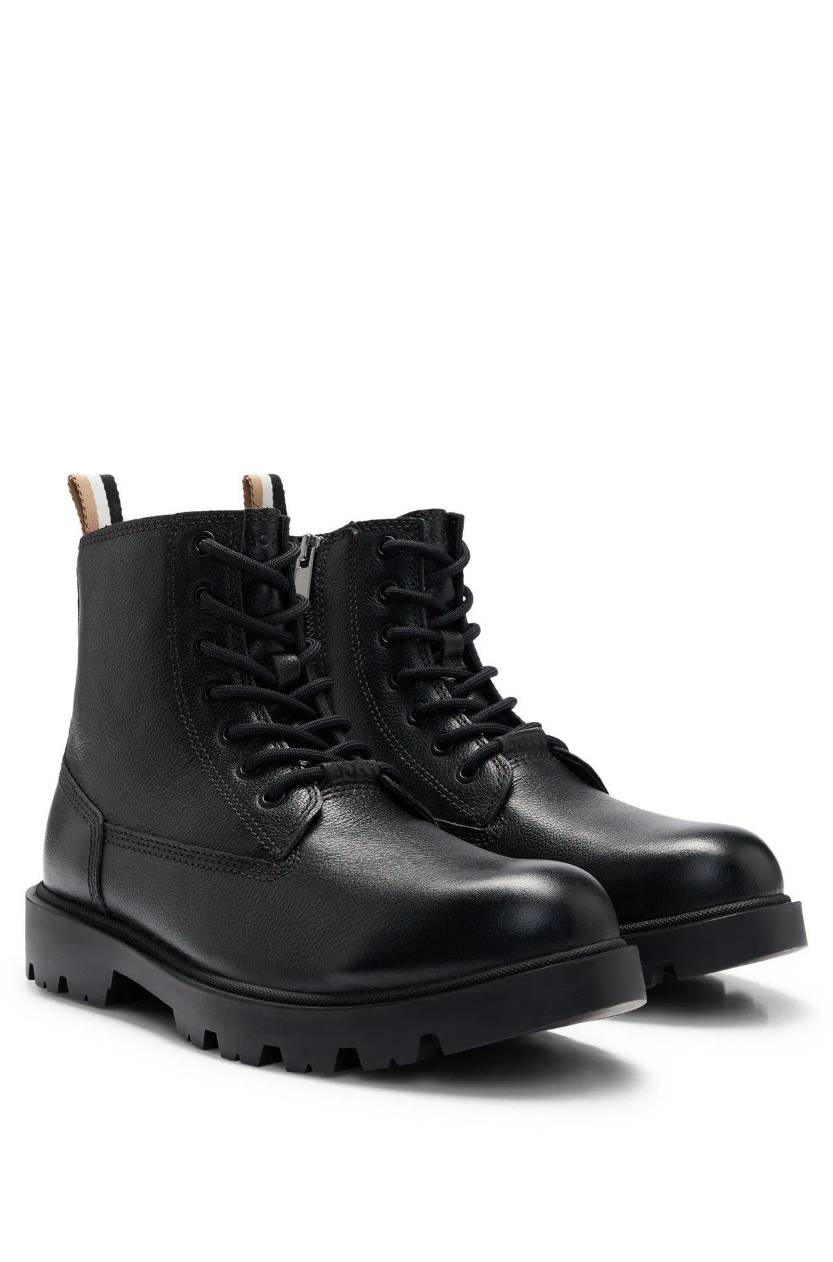 Half boots in grained leather with signature-stripe tape
