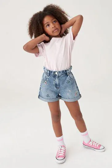 Mid Blue Floral Embroidery Denim Shorts (3-16yrs)
