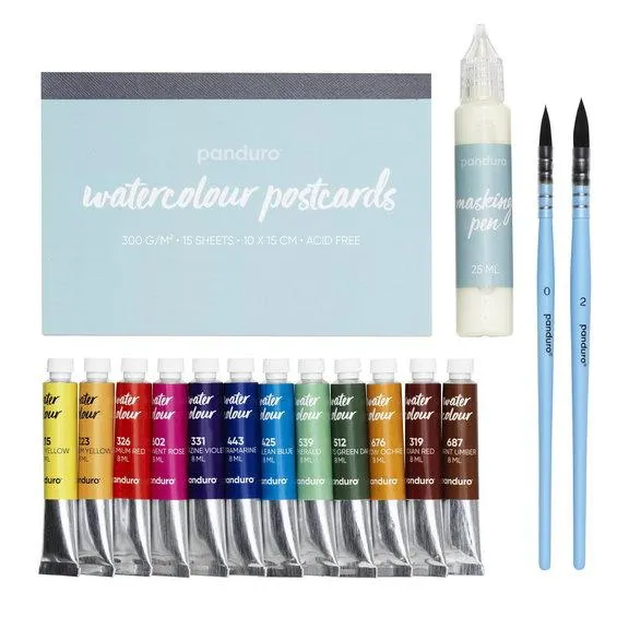 Mal flotte postkort med akvarellmaling! Akvarellblokk, 12×8 ml maling + 2 pensler