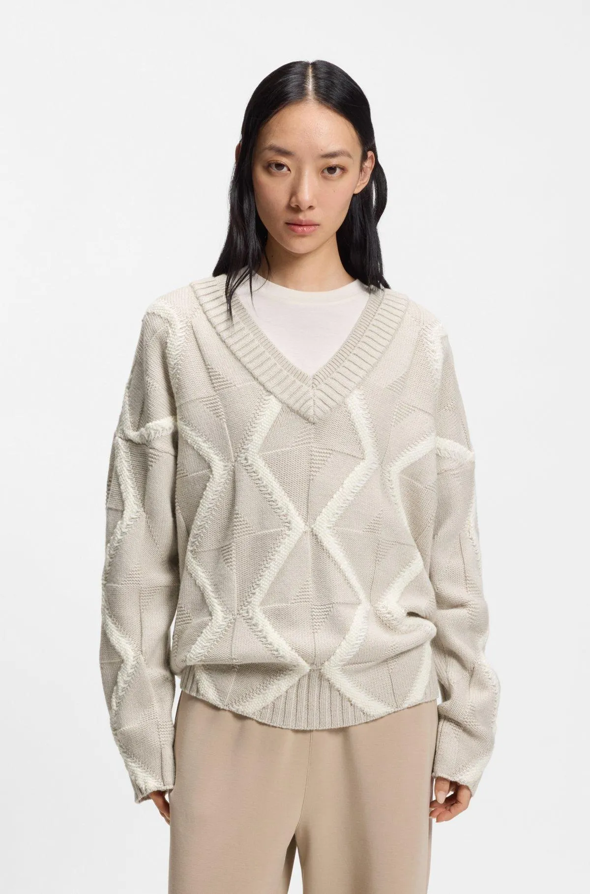 Relaxed-fit sweater in virgin wool with Aran knit