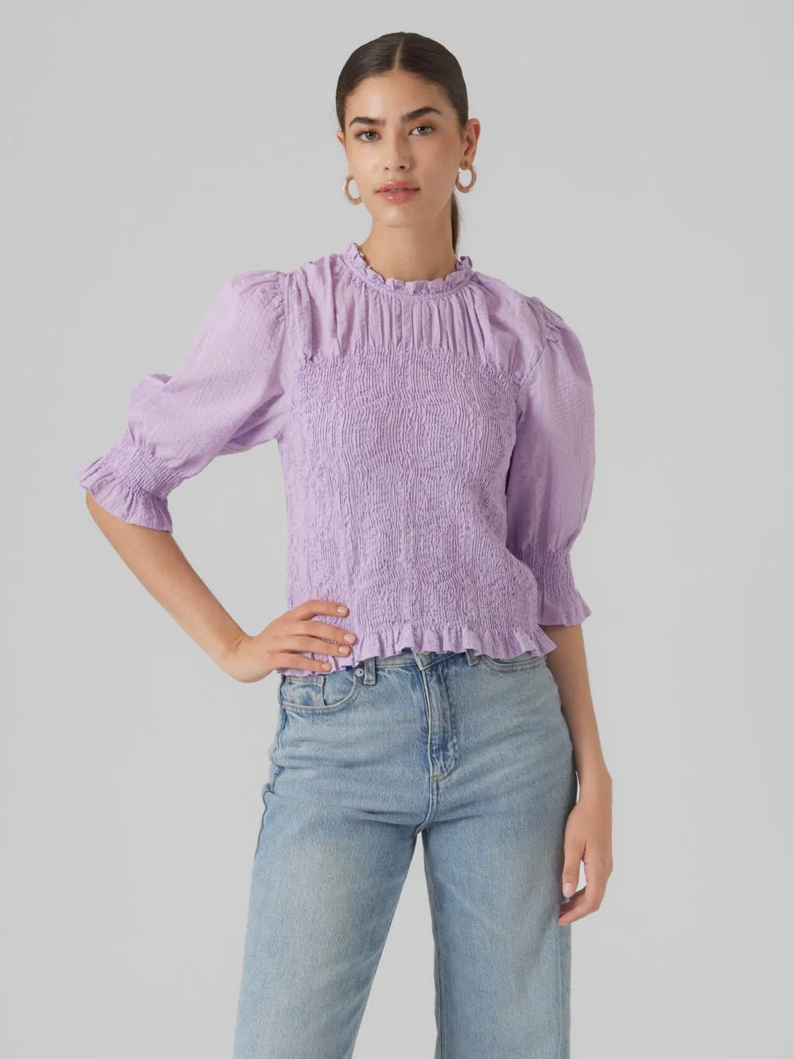 Regular Fit O-hals Smock-mansjetter Volumermer Topp