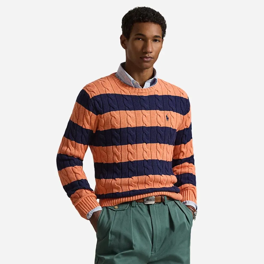 Cable-knit Striped Cotton Sweater - Orange Navy Combo